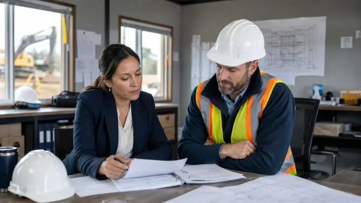 Busy construction company team coordinating office and field work