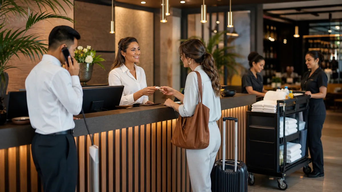 Hotel staff coordinating front desk and guest services