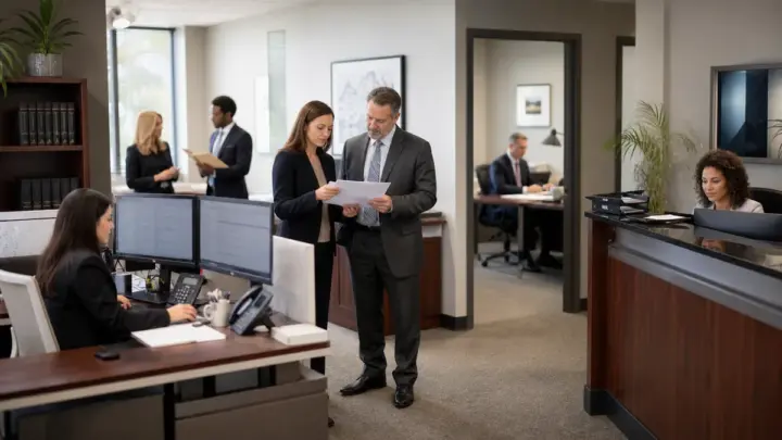 Professional services team reviewing client and business records